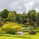 A stream, statues and a variety of trees and vegetation